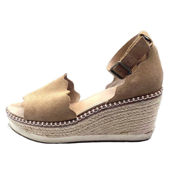 Boho Tan Suede Scalloped Jute Espadrille Wedge Sandals 8.5 Ankle Strap Festival - Picture 1 of 9